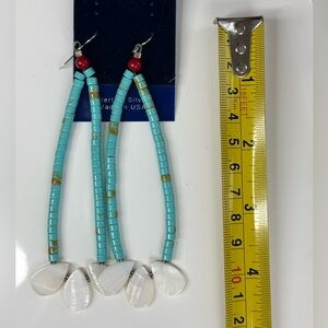 Turquoise, Mother of Pearl & Coral Sterling Silver Earrings 4’ US made